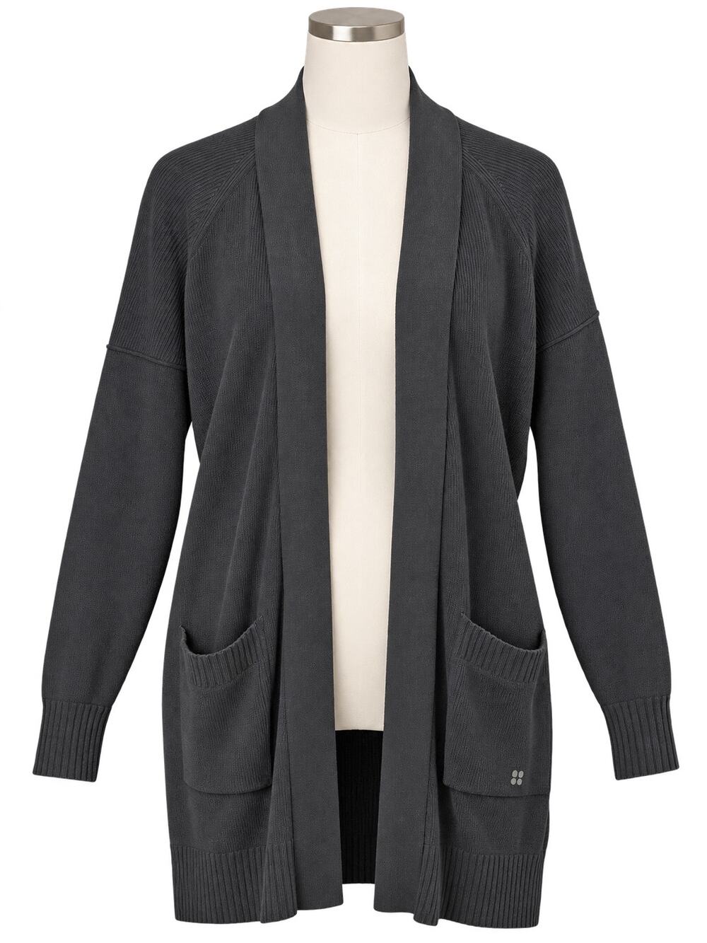 Sweaty Betty Black Longline Open Front Ribbed Cardigan w/Pockets - Size S